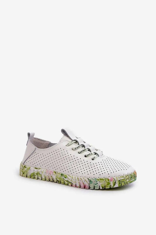 Women's Leather Low Shoes - Patterned Sole Lace-Up Flats