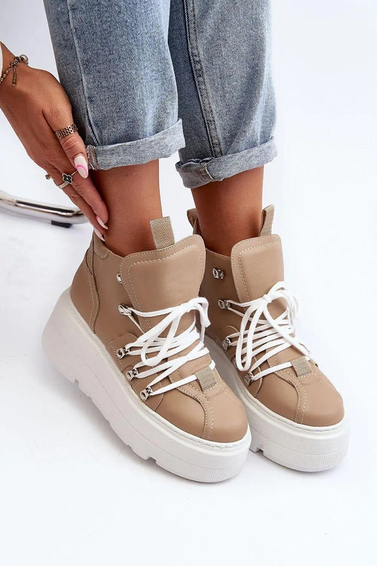 Women's Leather Sport Shoes - Platform Round-Toe Sneakers