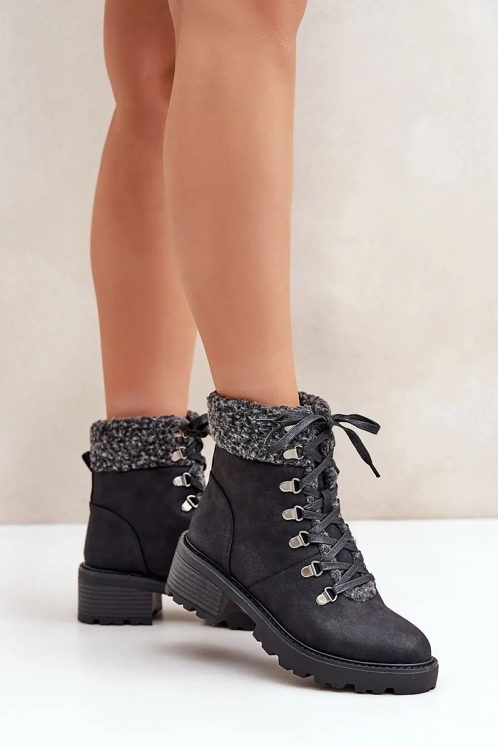 Women's Eco-Suede Trapper Boots - Sheepskin Low-Heel Booties