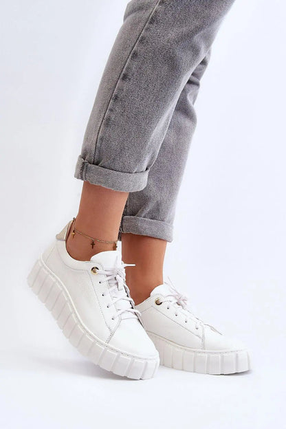 Women's Leather Low Shoes - Platform Lace-Up Flats