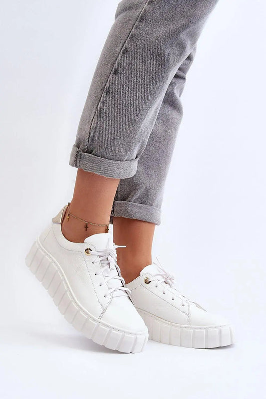 Women's Leather Low Shoes - Platform Lace-Up Flats