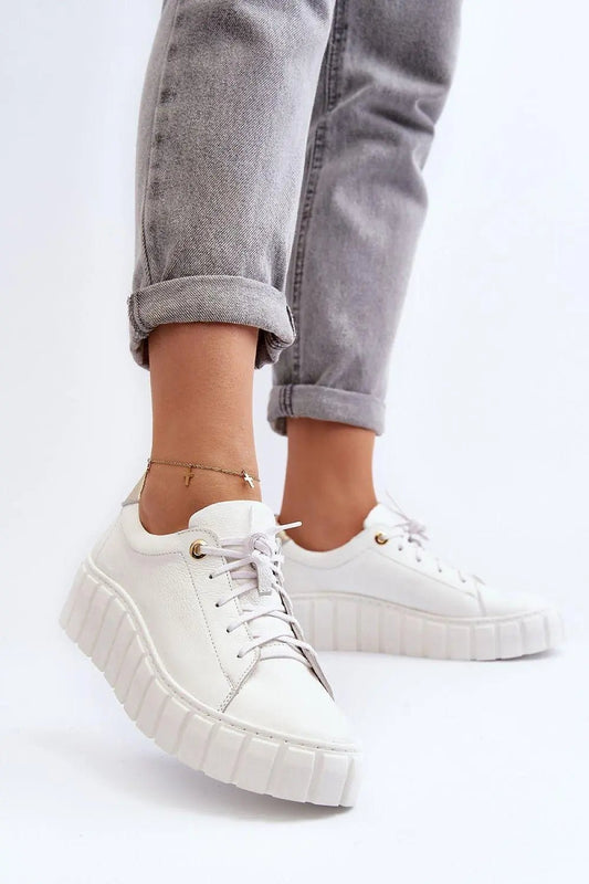 Women's Leather Low Shoes - Platform Lace-Up Flats