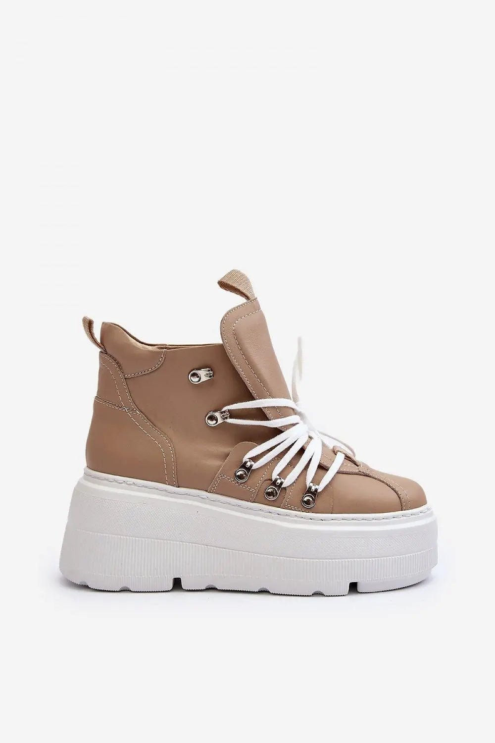 Women's Leather Sport Shoes - Platform Round-Toe Sneakers