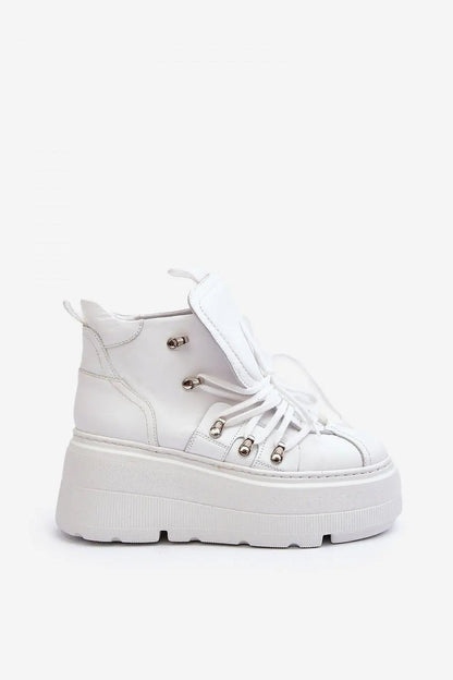 Women's Leather Sport Shoes - Platform Round-Toe Sneakers