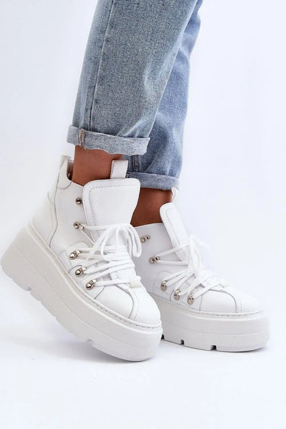 Women's Leather Sport Shoes - Platform Round-Toe Sneakers