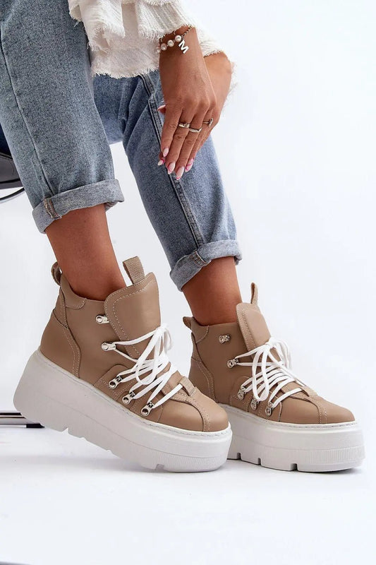 Women's Leather Sport Shoes - Platform Round-Toe Sneakers