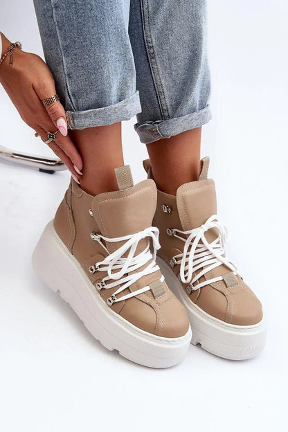 Women's Leather Sport Shoes - Platform Round-Toe Sneakers