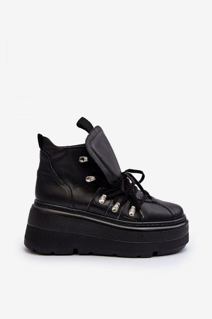 Women's Leather Sport Shoes - Platform Round-Toe Sneakers