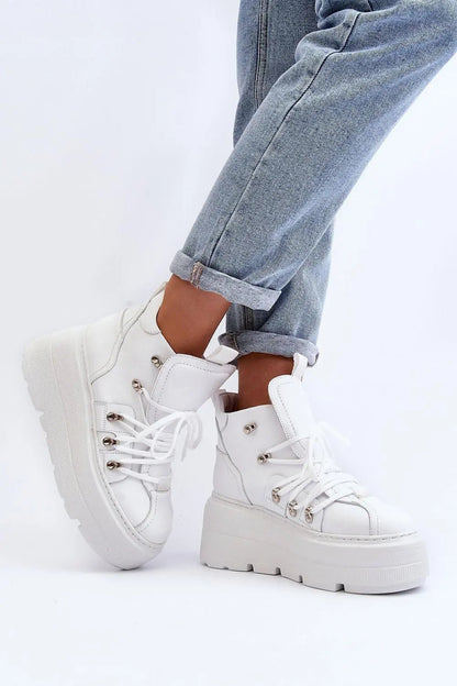 Women's Leather Sport Shoes - Platform Round-Toe Sneakers