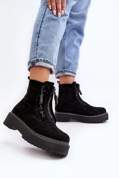 Women's Eco-Suede Trapper Boots - Platform Zip-Up Ankle Boots