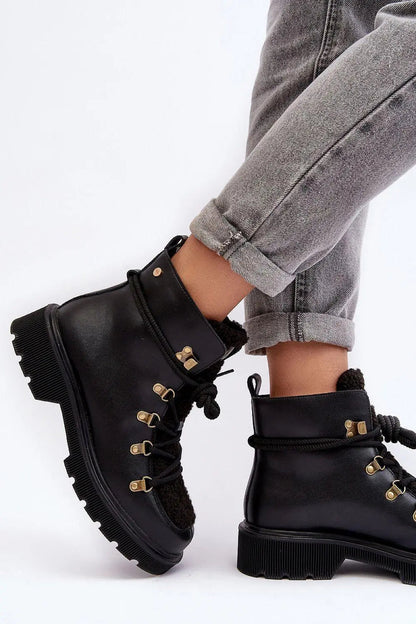 Women's Leather Trapper Boots - Lace-Up Sheepskin Flat Ankle Boots
