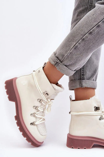Women's Leather Trapper Boots - Lace-Up Sheepskin Flat Ankle Boots