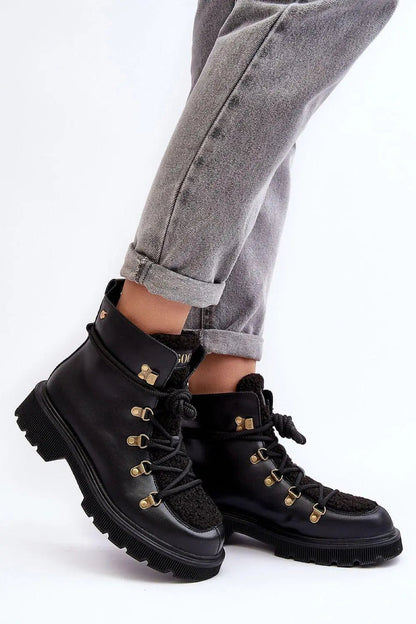 Women's Leather Trapper Boots - Lace-Up Sheepskin Flat Ankle Boots